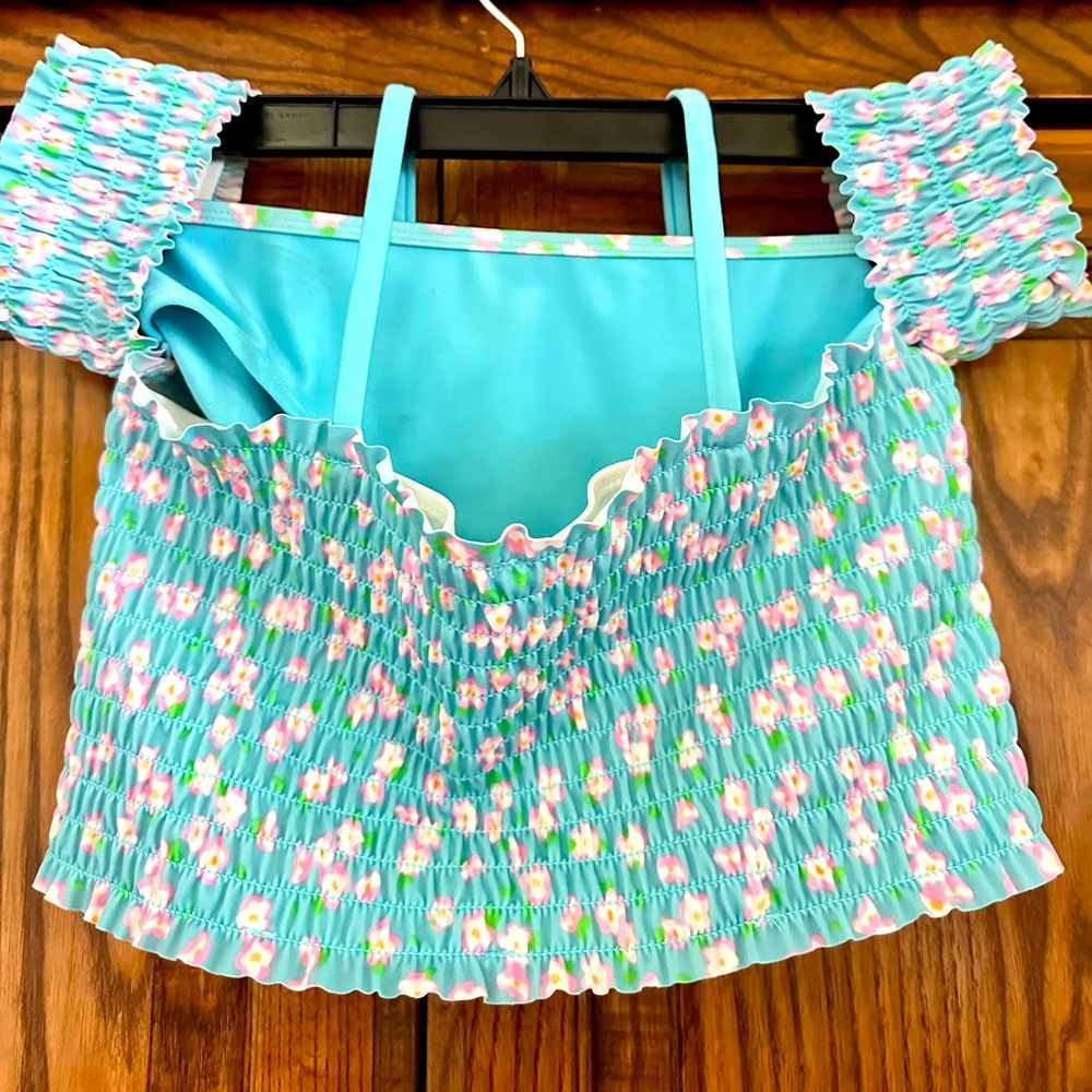 Target Blue Floral Smocked Off the Shoulder Two Piece Girls Swimsuit
